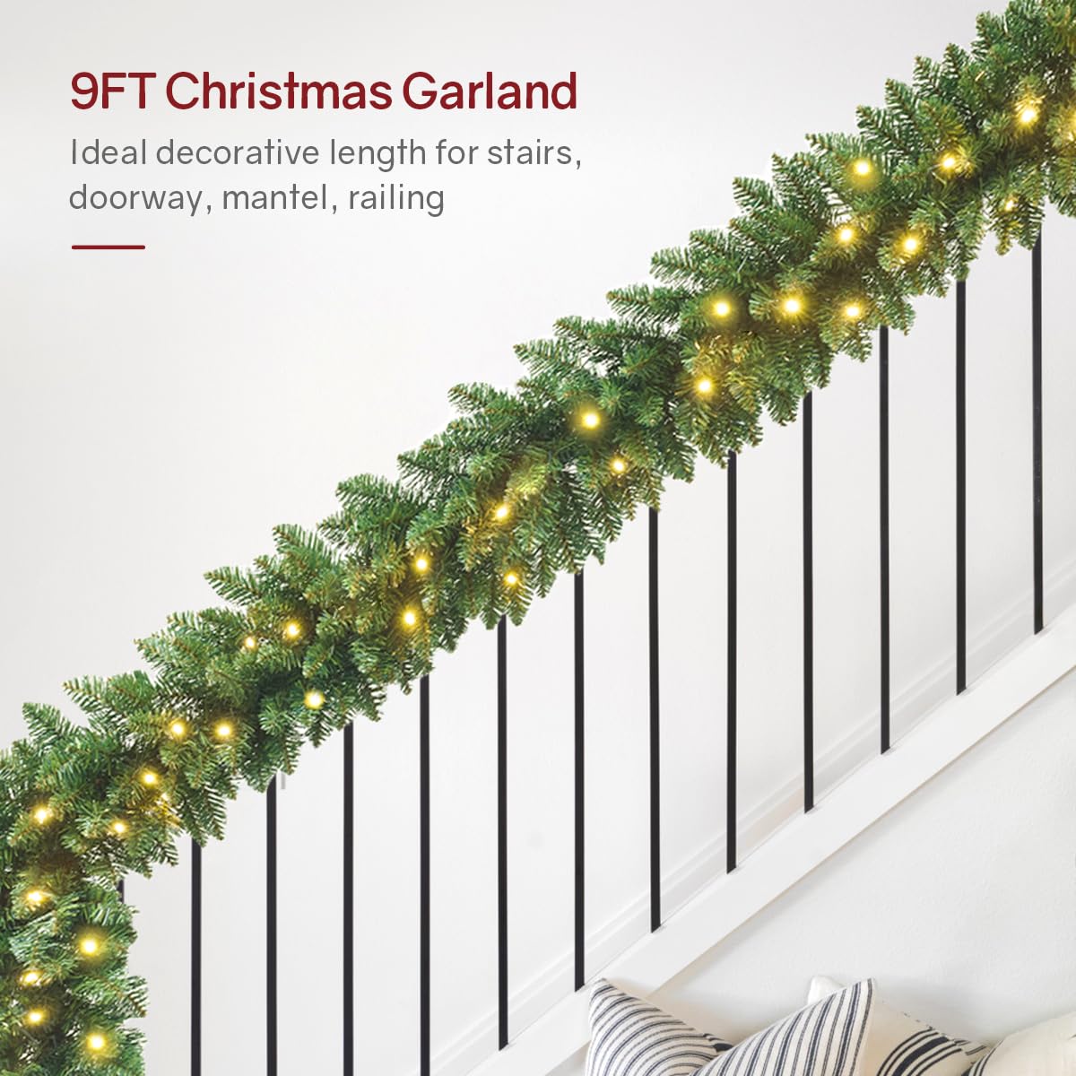 Somikis 9FT Pre-Lit Artificial Christmas Garland with 50 LED Lights and Realistic Classic Evergreen Pine Spruce for Mantle Stair Railing Indoor Outdoor