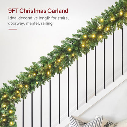 Somikis 9FT Pre-Lit Artificial Christmas Garland with 50 LED Lights and Realistic Classic Evergreen Pine Spruce for Mantle Stair Railing Indoor Outdoor