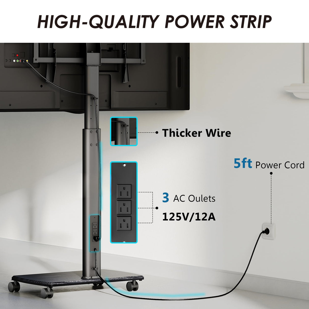 FITUEYES Rolling TV Stand with Power Outlets, Swivel Portable TV Stand for 32-70 Inch LCD LED OLED Flat/Curved Panel Screen TVs,Height Adjustable&Wood Base, Mobile TV cart Holds up to 99Lbs, Black. FITUEYES