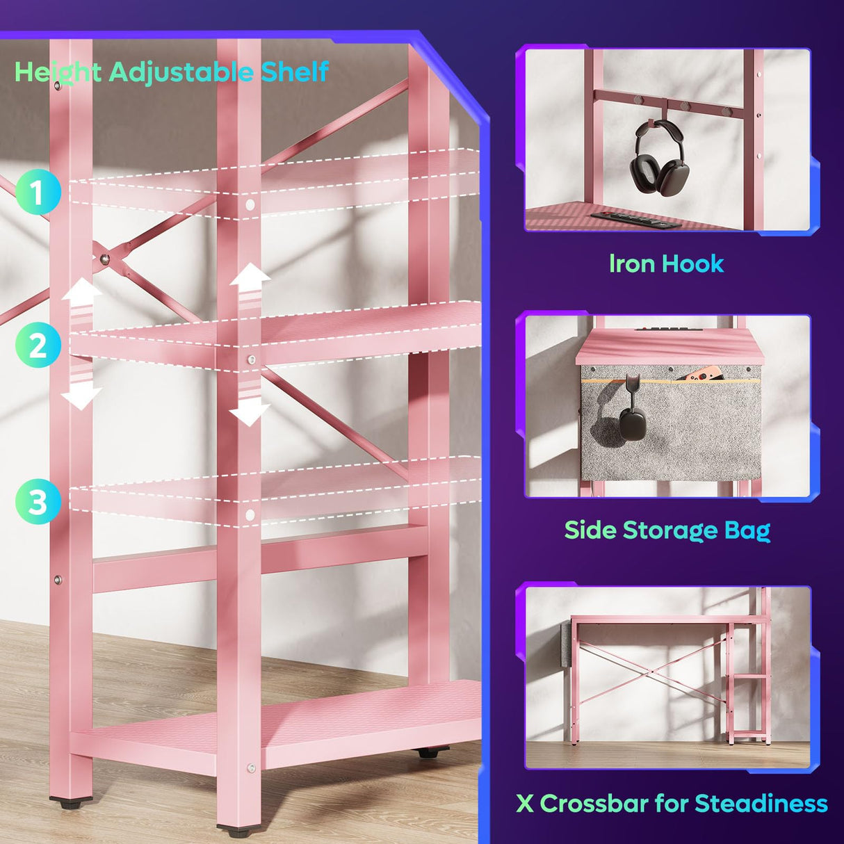 Bestier Pink Gaming Desk with Power Outlets, 44 Inch Led Gamer Desk with 4 Tiers Reversible Shelves, Pink Computer Desk with Headset Hook & Side Storage Bag for Bedroom (Pink 3D Carbon Fiber) Bestier