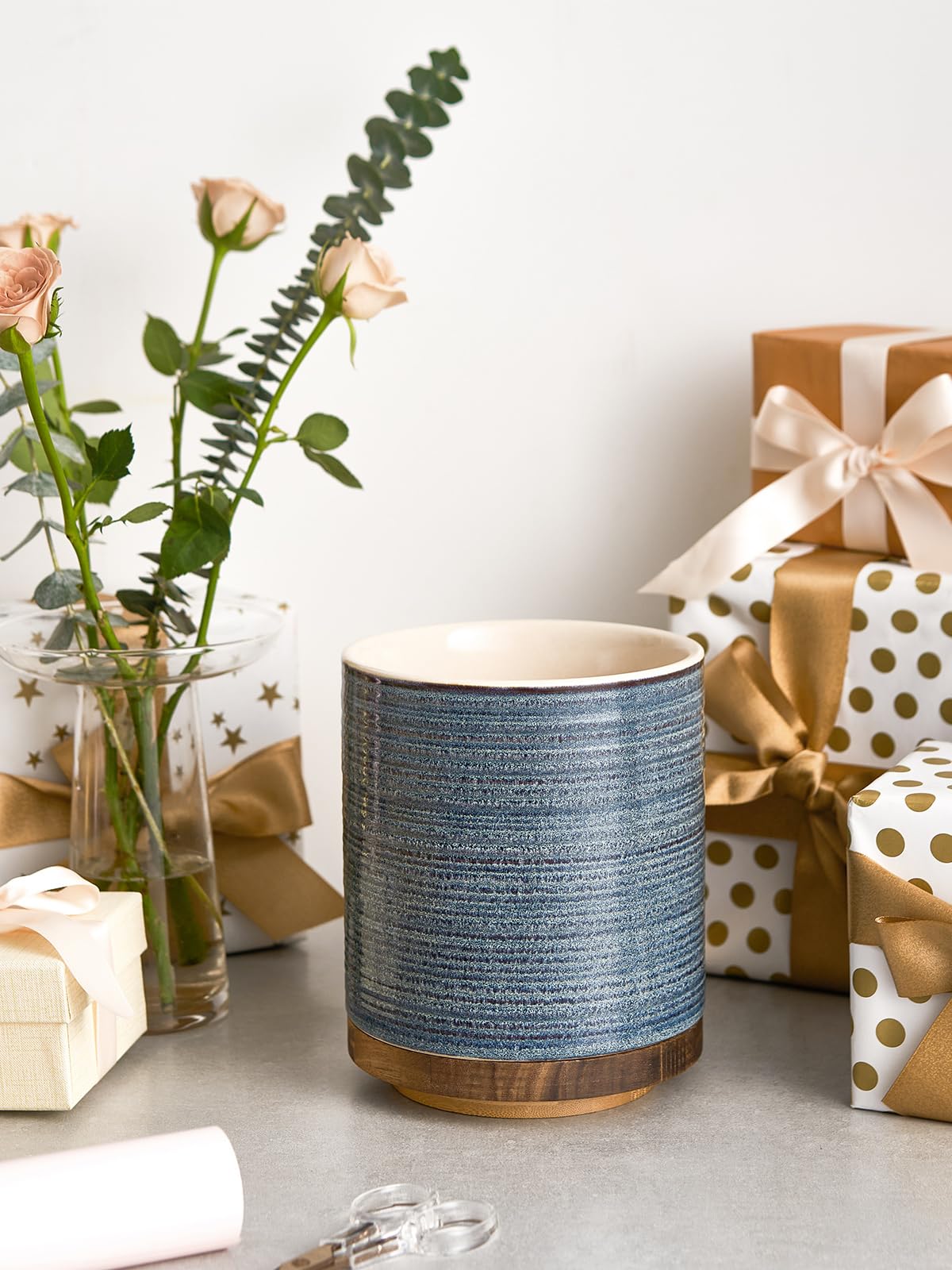 DOWAN Utensil Holder, 360° Rotating Extra Large Cooking Utensil Holder, 7.6" Kitchen Utensil Holder for Countertop, Utensil Crock for Farmhouse Kitchen Decor, Ceramic Stable Utensil Caddy, Blue DOWAN