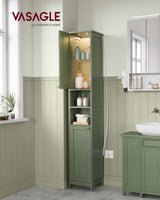 VASAGLE Tall Bathroom Cabinet with Lights, Slim Bathroom Storage Cabinet, Freestanding Narrow Cabinet with Adjustable Shelves, for Small Spaces, Modern, 11.8 Inches Wide, Forest Green UBBC566C01 VASAGLE