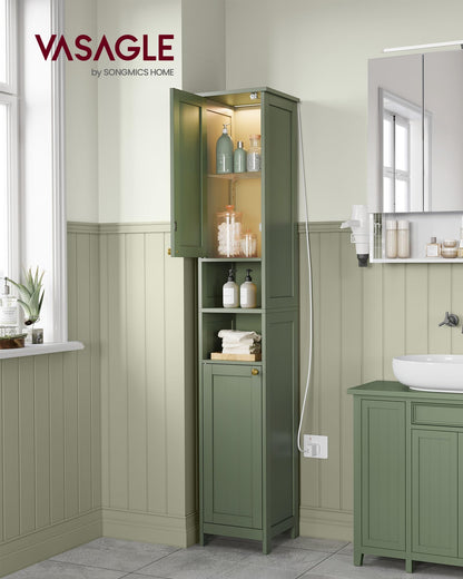 VASAGLE Tall Bathroom Cabinet with Lights, Slim Bathroom Storage Cabinet, Freestanding Narrow Cabinet with Adjustable Shelves, for Small Spaces, Modern, 11.8 Inches Wide, Forest Green UBBC566C01