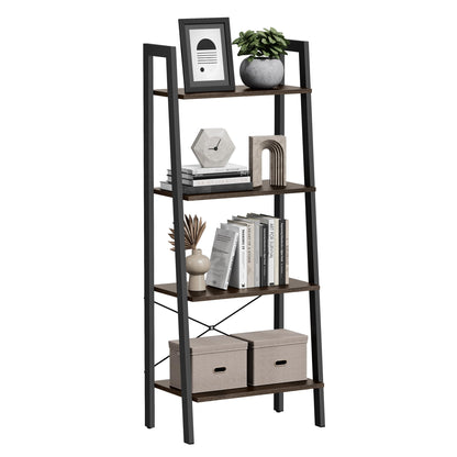 VASAGLE Ladder Shelf, 4-Tier Bookshelf, Storage Rack, Bookcase with Steel Frame, for Living Room, Home Office, Kitchen, Bedroom, Industrial Style, Rustic Dark Brown and Black ULLS44BF