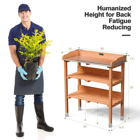 Giantex Garden Potting Bench, Outdoor Wood Workstation Table with Galvanized Steel Tabletop, 5 Hooks, 2-Tier Storage Shelves, Outside Work Station Potting Table with Raised Edge, Easy Assembly Giantex