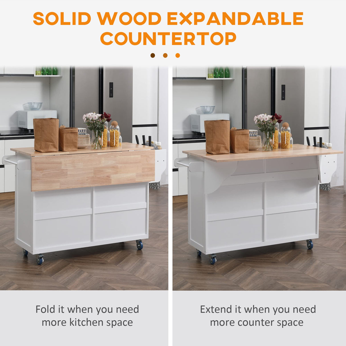 HOMCOM Rolling Kitchen Island Drop Leaf, Kitchen Cart on Wheels, Solid Wood Top Breakfast Nook with Storage Drawers, 4-Door Cabinets and Spice Rack, White HOMCOM