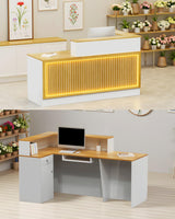 Modern Reception Desk, Solid Wood Reception Desk with Counter, Check Out Stand with Lockable Drawer & Cabinet, Retail Checkout Counter for Office, Store, Beauty Salon (L-Shaped-Long Grille-R, 63in) Gguileb