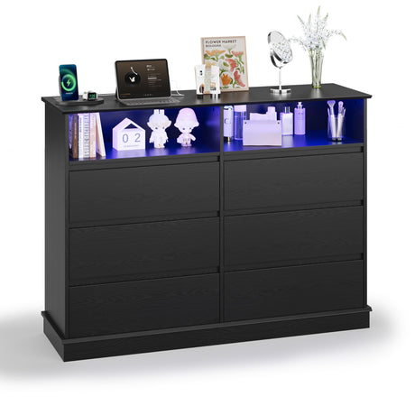GarveeHome Dresser for Bedroom, 6 Drawer Dresser with LED Lights and Charging Station, Wide Chest of 6 Drawers with Open Space, Modern Large Capacity Storage Cabinet, Living Room, Hallway, Black GarveeHome