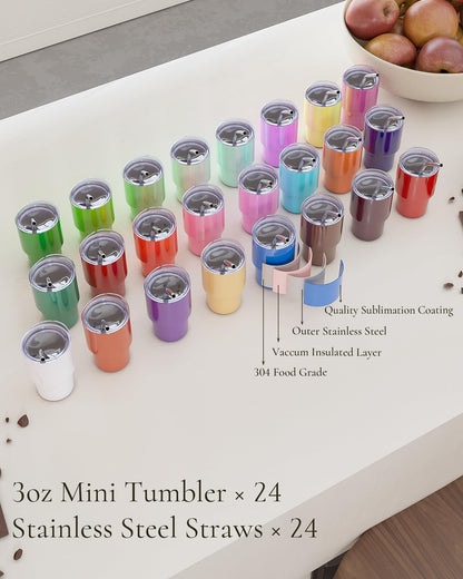 UIRZOTN 3oz Mini Tumbler Shot Glass with Straw and Lid, 24 Pack Stainless Steel Sublimation Shot Glasses for Wedding Party Whiskey Cocktail Bar with Straw and Lid