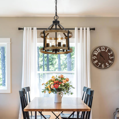 12.5" Farmhouse Chandelier Light Fixtures, 4 Light Rustic Drum Lighting Chandelier, Black and Vintage Wood-Look Finish Hanging Light Fixtures for Dining Room Kitchen Hallway Entryway Bedroom - WoodArtSupply