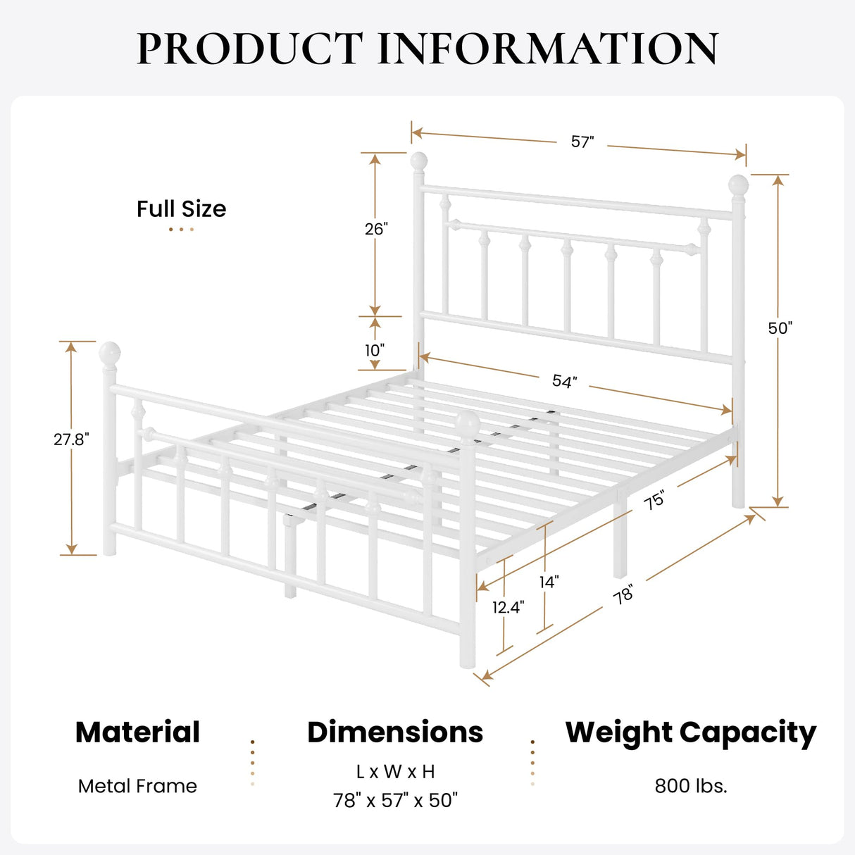 SHA CERLIN 14'' Full Size Metal Platform Bed Frame/Victorian Headboard and Footboard/Steel Slats Mattress Foundation for Storage/No Box Spring Needed/Noise Free/White SHA CERLIN