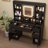 HAUOMS Vanity Desk with Sliding Mirror & LED Lights, Glass Top Farmhouse Makeup Vanity Table with Power Outlet, Rustic Dressing Table, Wood-Grain Black HAUOMS