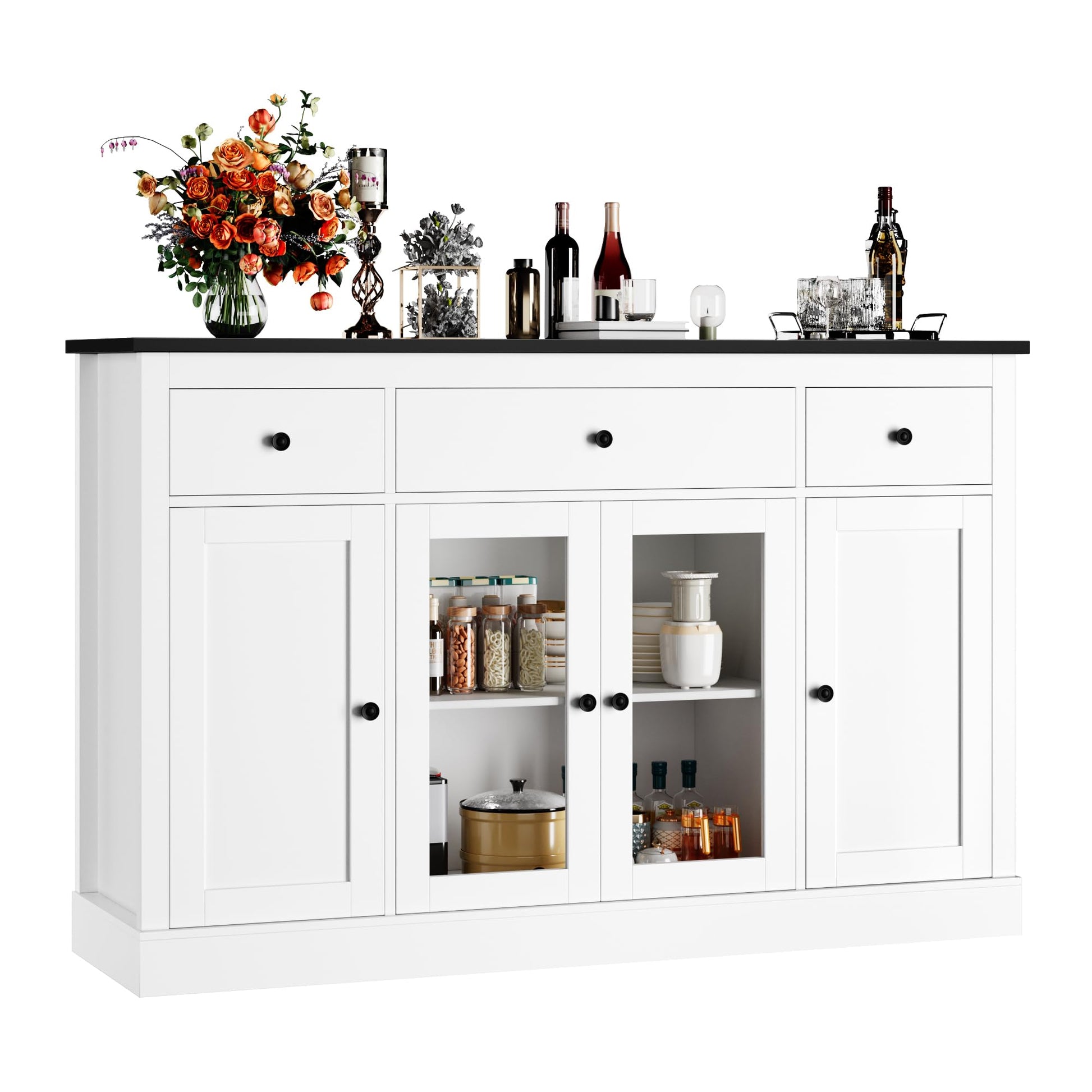 HOSTACK Sideboard Buffet Cabinet with Storage, 55" Large Kitchen Storage Cabinet with Drawers | Glass Doors, Modern Farmhouse Coffee Bar Cabinet, Wood Buffet Table Dining Room Cabinet, White/ - WoodArtSupply