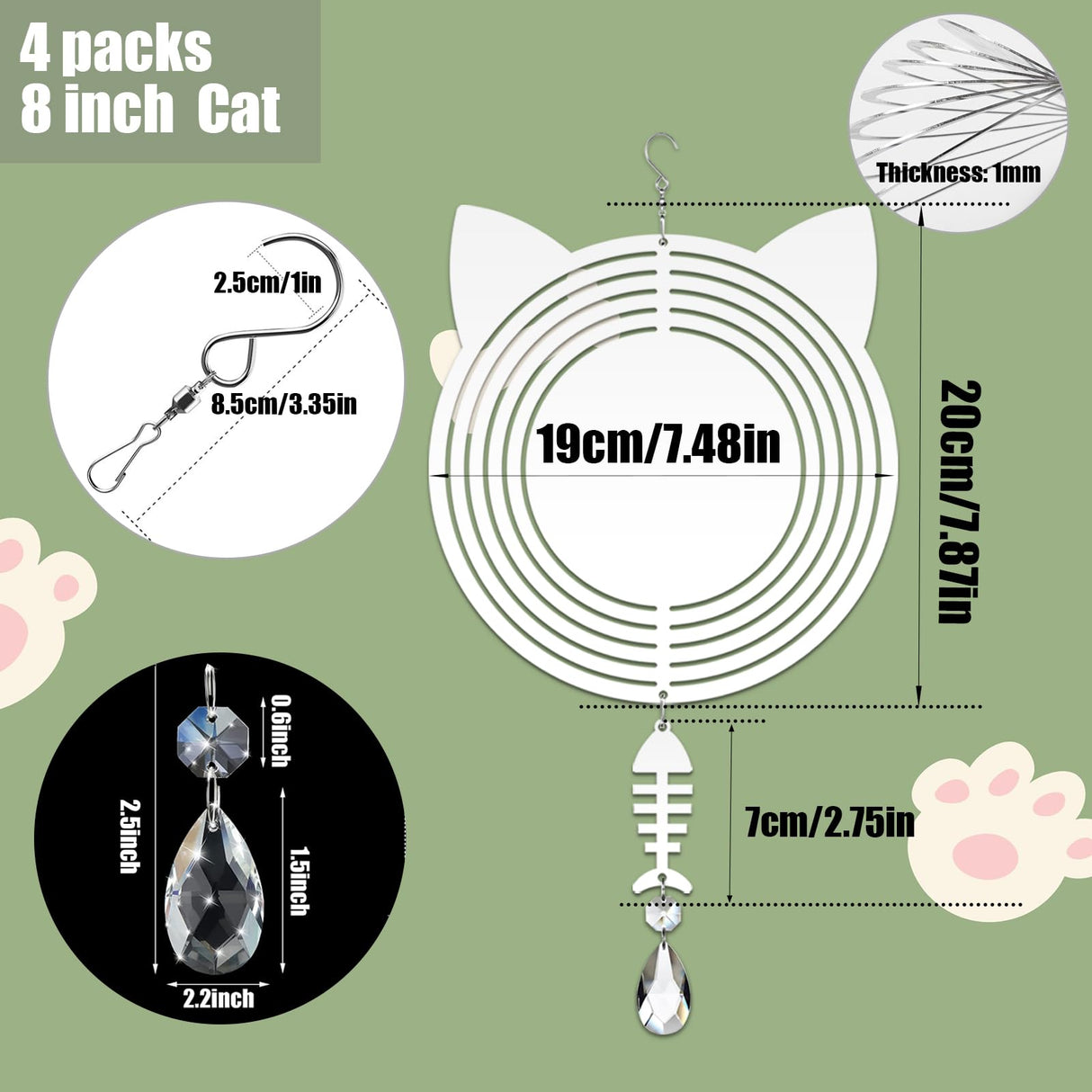 WindMage 4Pack 8 inch Sublimation Wind Spinner Blanks 3D Aluminum Metal Wind Sculpture Kinetic Spinners for Yard and Garden Indoor Art Ornaments Hanging Decoration (Cat) WindMage