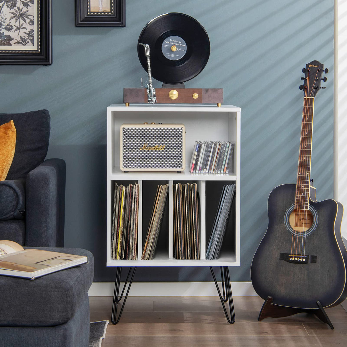 Giantex Record Player Stand, White Turntable Stand Holds up to 150 Albums, Mid-Century Vinyl Storage Cabinet Table with Metal Legs, Record Player Holder End Table for Bedroom Living Room Giantex