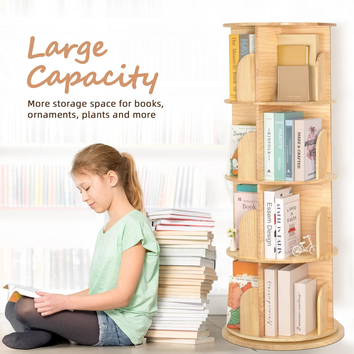 OOOK Rotating Bookshelf for Kids & Adults, 4-Tier 360° Spinning Solid Wood Book Organizer, Space-Saving Floor Standing Bookcase for Study Room, Bedroom, Living Room, Office OOOK