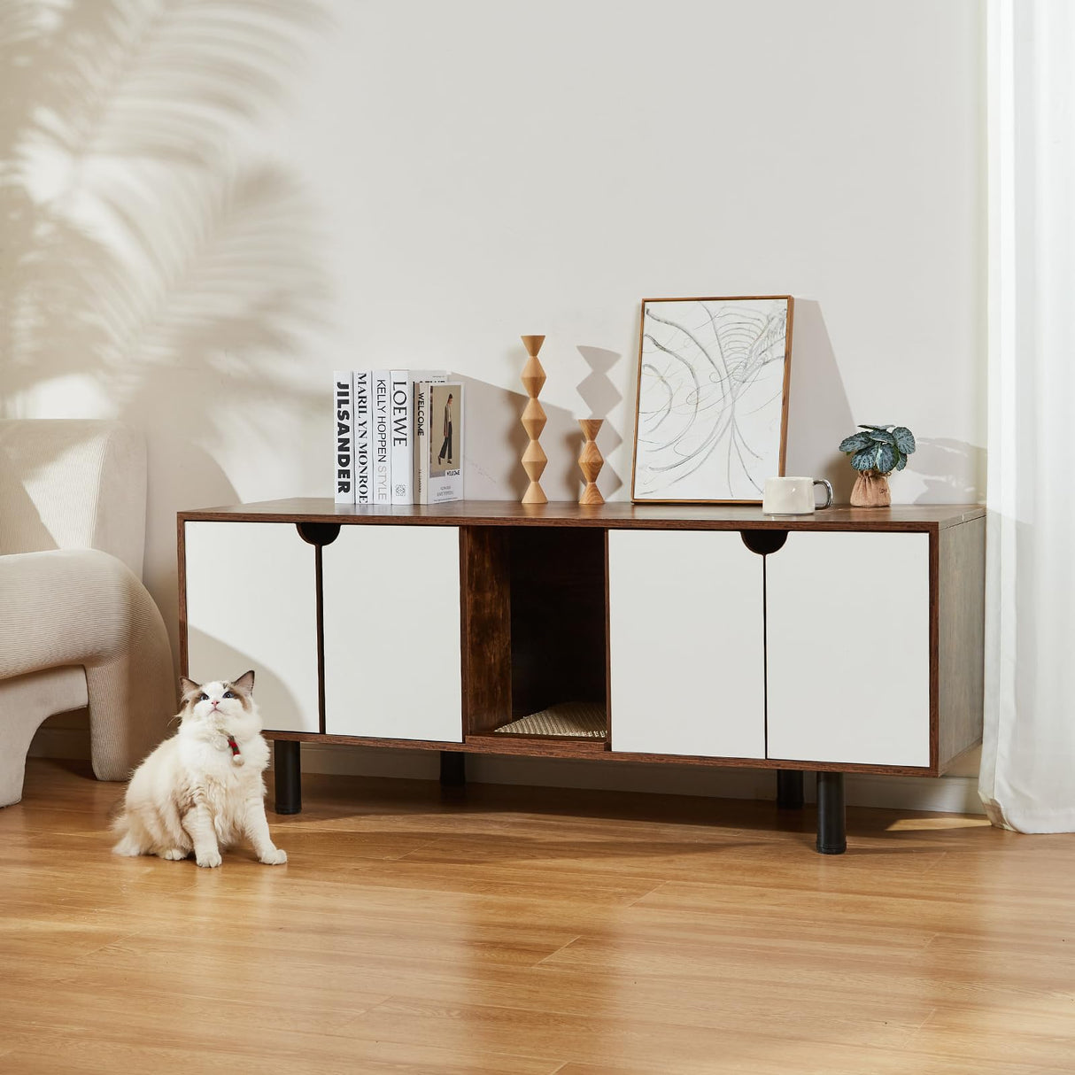 DOICAH Cat Litter Box Enclosure for 2 Cats, Hidden Cat Litter Box Furniture with Double Room,Indoor Cat Condo TV Stand, Double Litter Box Enclosure,Wooden Cat House,Litter Box Furniture DOICAH