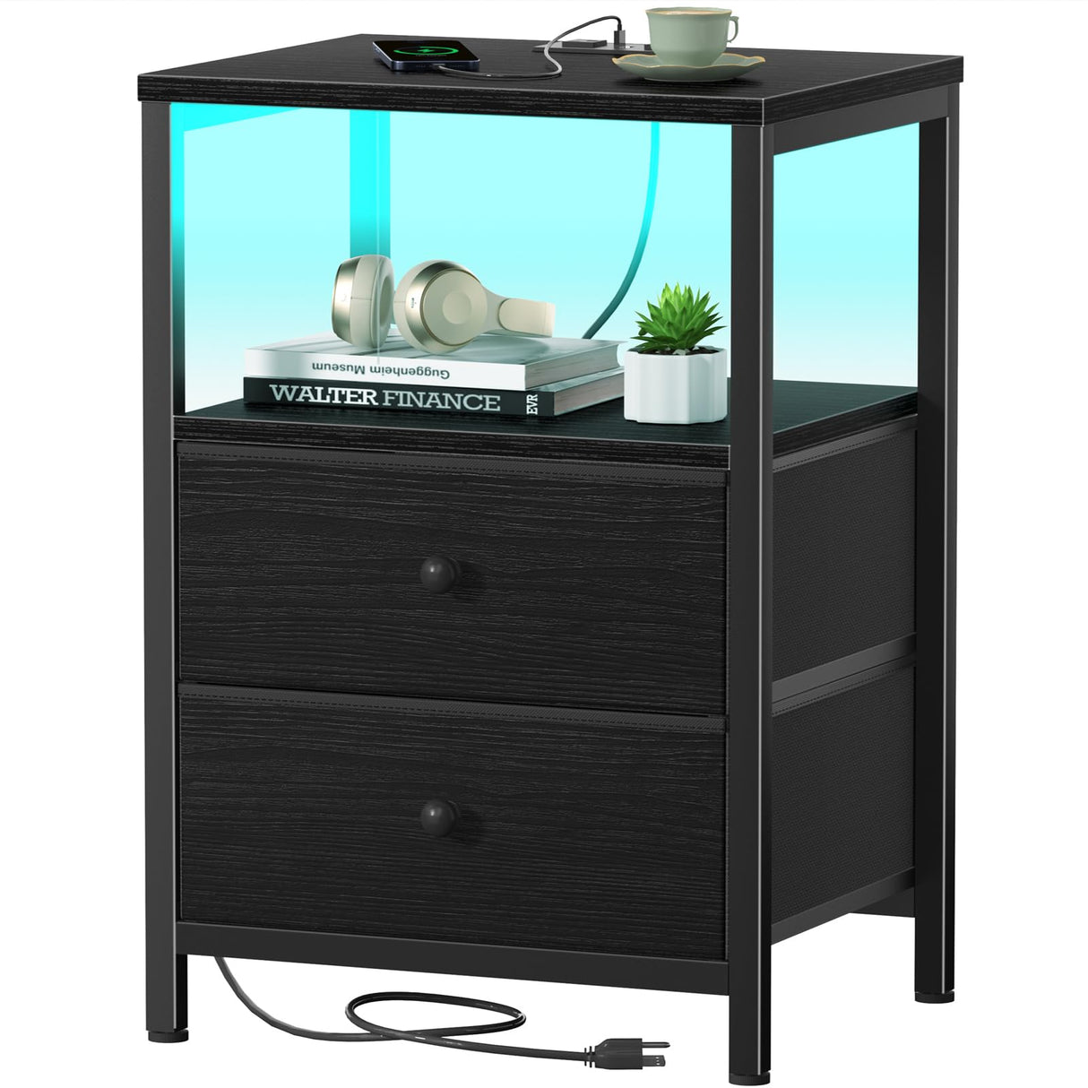 BOLUO Black Nightstand with Charging Station, LED Night Stand with 2 Fabric Drawers, Bedside Table with USB Ports and Outlets, Nightstand for Bedroom Modern BOLUO