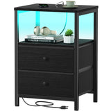 BOLUO Black Nightstand with Charging Station, LED Night Stand with 2 Fabric Drawers, Bedside Table with USB Ports and Outlets, Nightstand for Bedroom Modern BOLUO