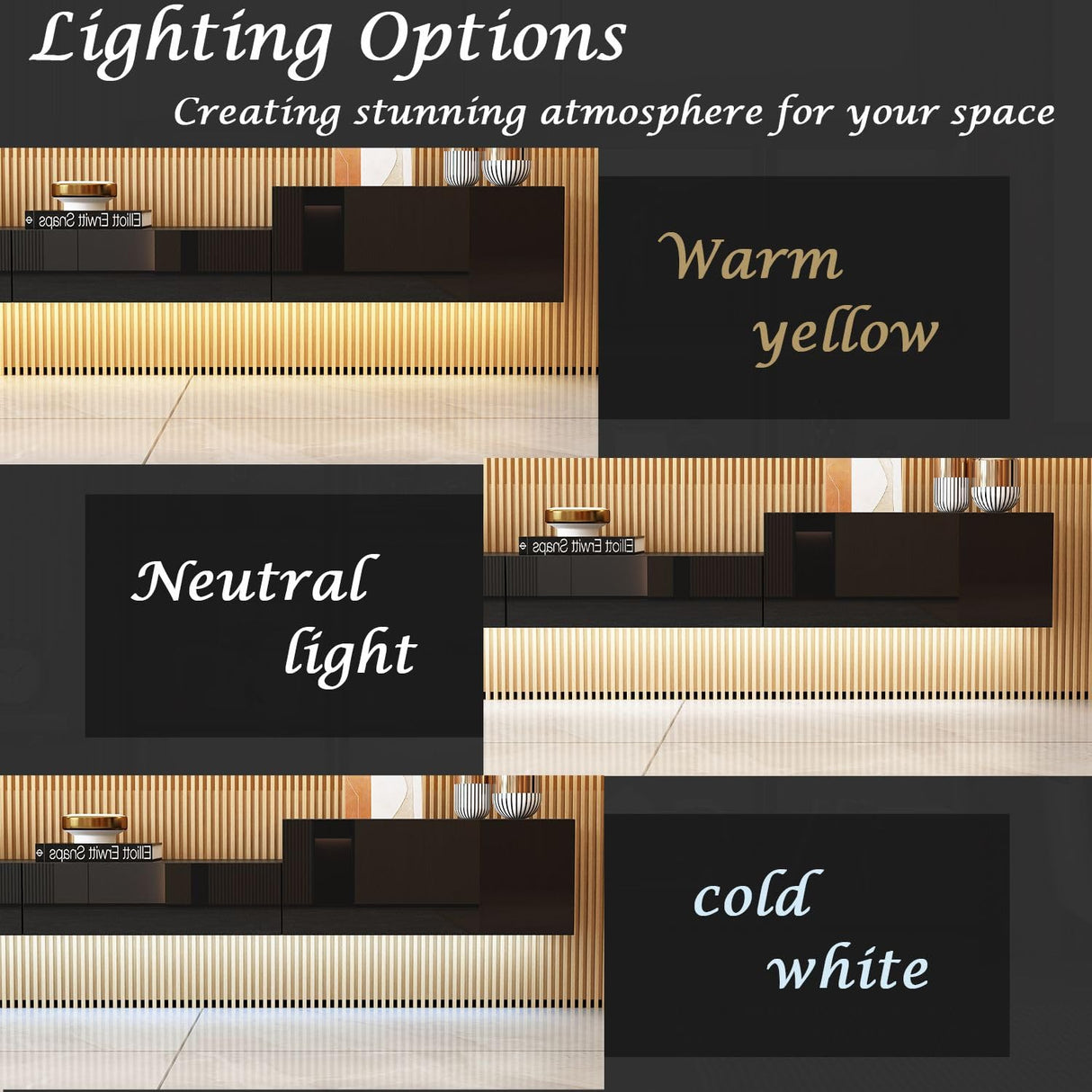 MOUMON Floating TV Console Media Console with High Gloss Drawers & Lights, Modern Wall Mounted TV Stand Floating Media Center for Living Room Black (110.2”W x 11.8”D x 9.4”H) MOUMON