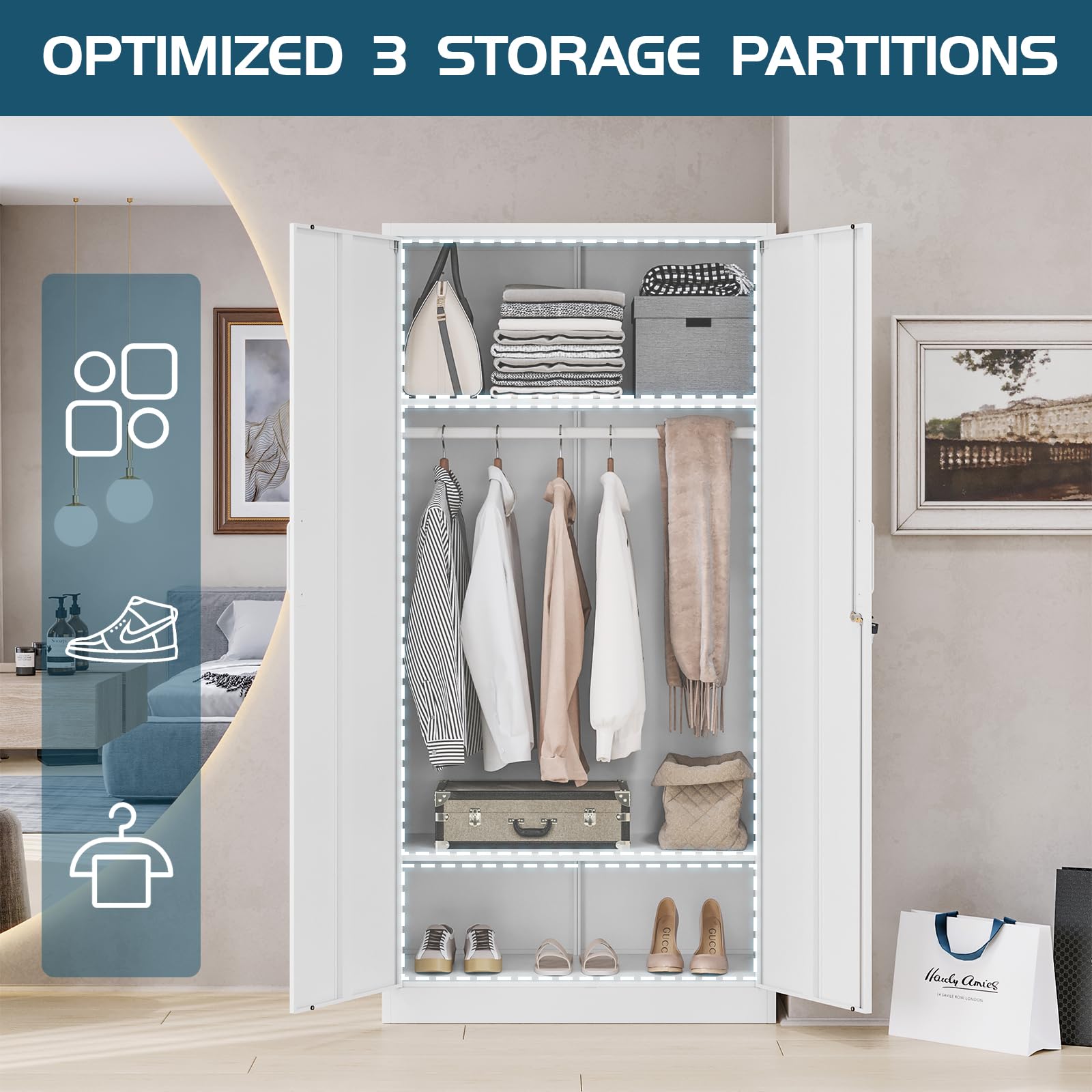 MIIIKO Metal Clothing Storage Locker, Steel Wardrobe Cabinets with Shelves and Hanging Rod, 72" Large Storage Locker Closet for Garments, Sports Equipment and Shoes - WoodArtSupply