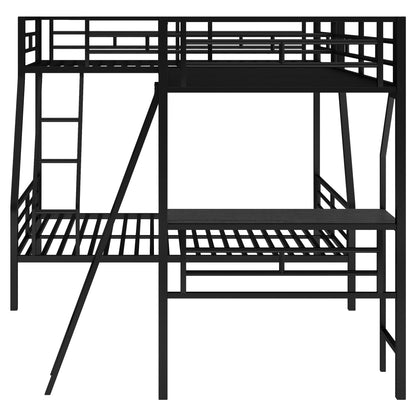 SOFTSEA Twin Over Full Metal Bunk Bed with Desk, L-Shaped Triple Bunk Bed with Ladder and Safety Guardrails, Heavy Duty Metal Bunk Bed Frame, Noise-Free, No Box Spring Needed, Black