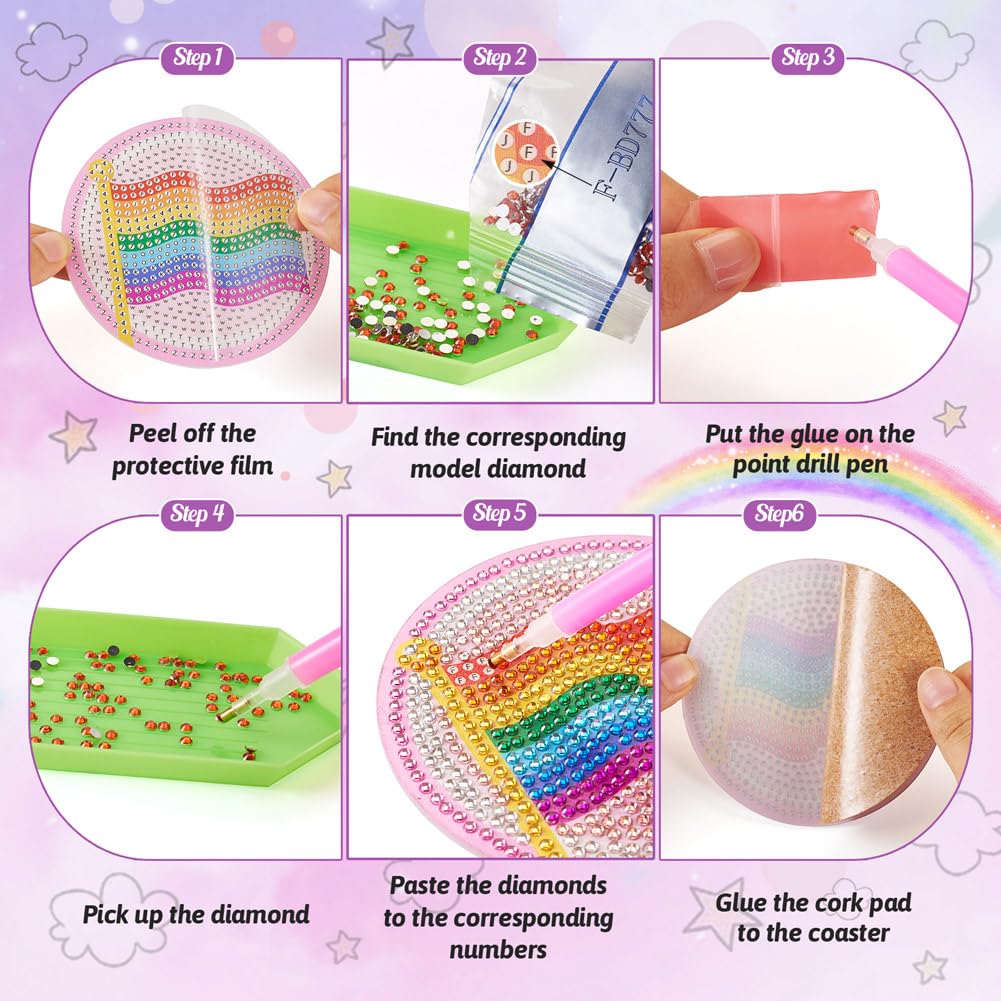 FASHEWELRY 8pcs Rainbow Diamond Painting Coaster Kit Diamond Art Crafts LGBT Pride Diamond Dot Coasters for Beginners, Adults FASHEWELRY