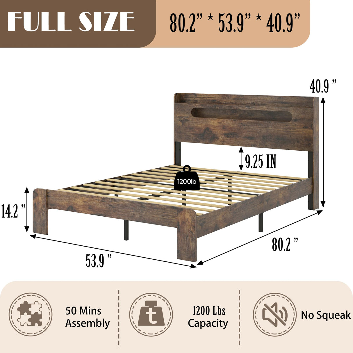 FSTAR Wooden Full Size Bed Frame with Storage Headboard, Farmhouse Bedframe with Charging Station & Led Lights, Wood Slats Support, No Box Spring Needed, Rustic Brown FSTAR