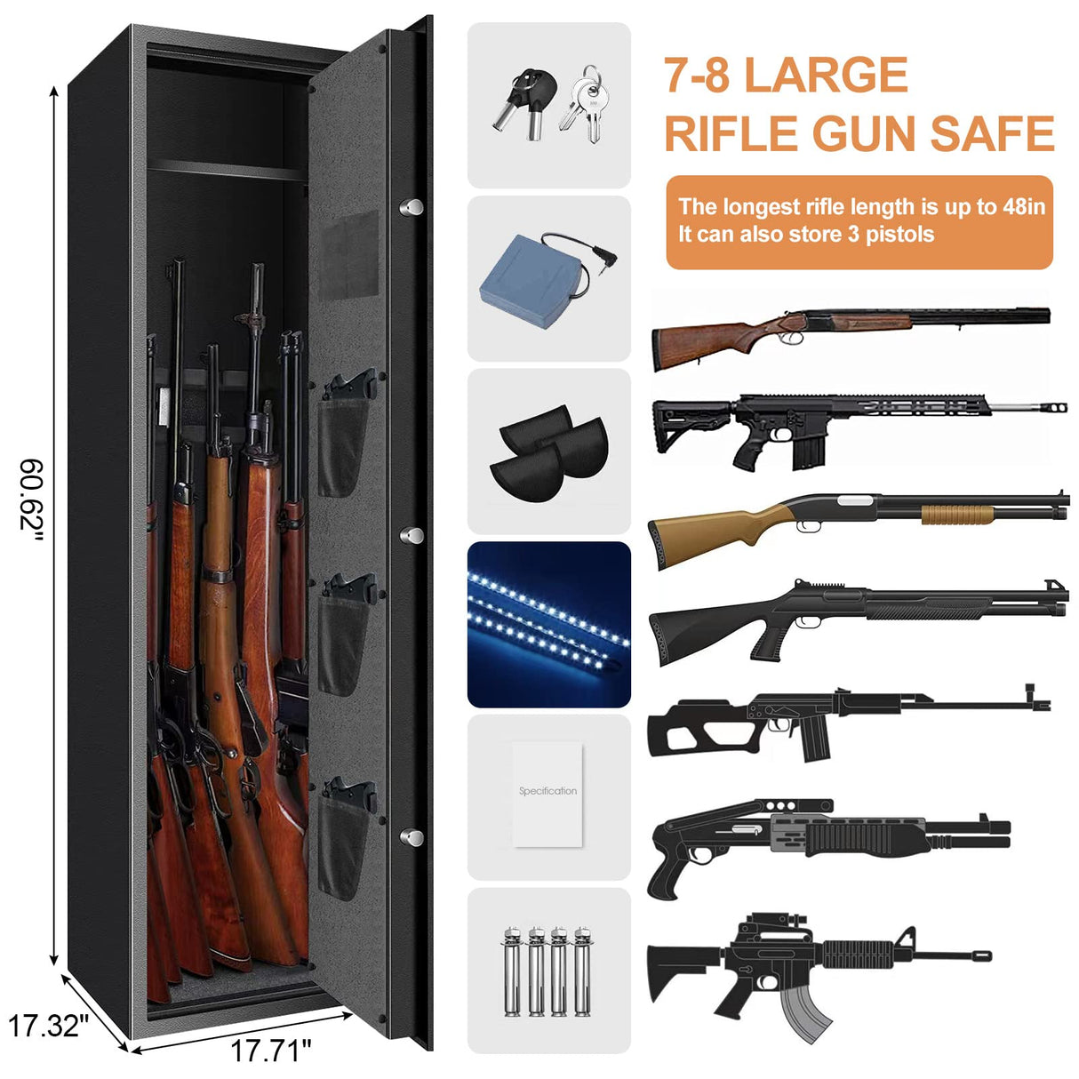 [2024 NEW] 7-8 Fireproof Biometric Gun Safes for Home Rifle and Pistols, Heavy Duty Anti-Theft Long Gun Safes for Rifles and Shotguns with 3 Handgun Pocket, Removable Shelf, Silent Mode TOLEBLID