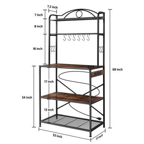 Home Limpidity Bakers Rack for Kitchen, 33-inch Wide Coffee Bar Station with Power Outlet, 5 Tier Microwave Stand Storage Shelf with S-Shaped Hooks, Metal Frame with Brown Wood Tabletop Home Limpidity