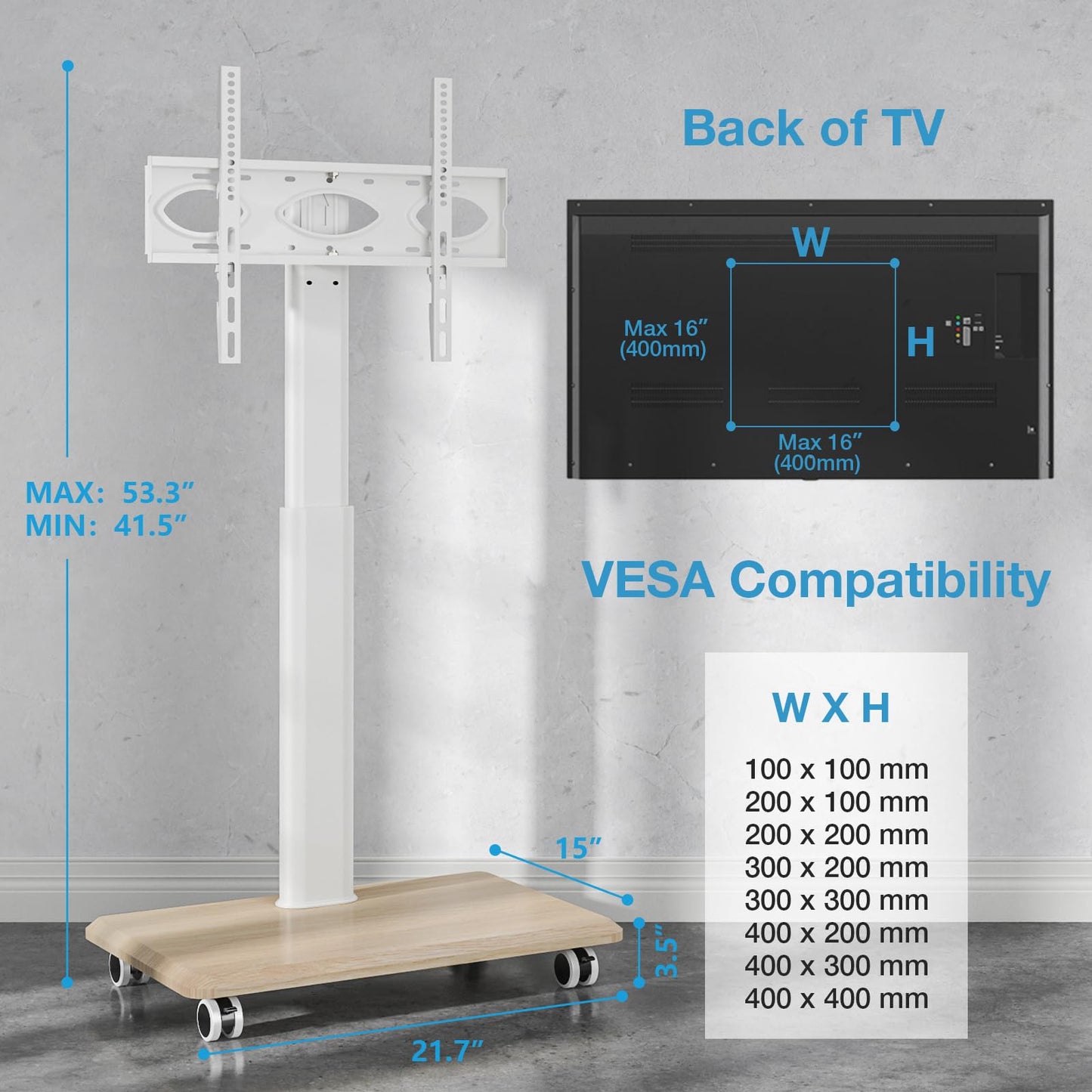 YOMT Floor TV Stand with Mount for 32-70 Inch Flat Screen/Curved TVs, Swivel Rolling Height Adjustable Portable TV Stand on Wheels, Modern Mobile Wood Base White TV Stand for Bedroom Home Office