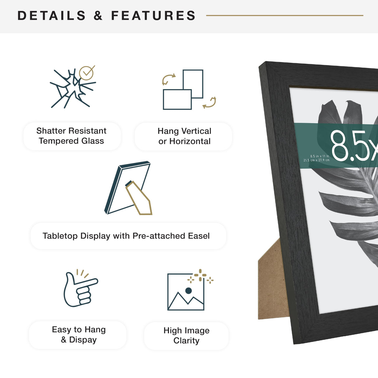 MCS Studio Gallery 8.5x11 Picture Frame Black Woodgrain Shatter Resistant Glass, Vertical & Horizontal Wall Hanging & Easel for Tabletop Display, Rectangle Photo Frame for Photos, Posters & Art Prints (1-Pack) MCS