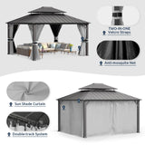 UDPATIO 12' x 14' Hardtop Gazebo, Galvanized Steel Double Roof Permanent Aluminum Gazebo, Outdoor Metal Pergolas with Mosquito Netting and Curtains for Garden, Parties, Patio, Deck, Lawns, Grey UDPATIO