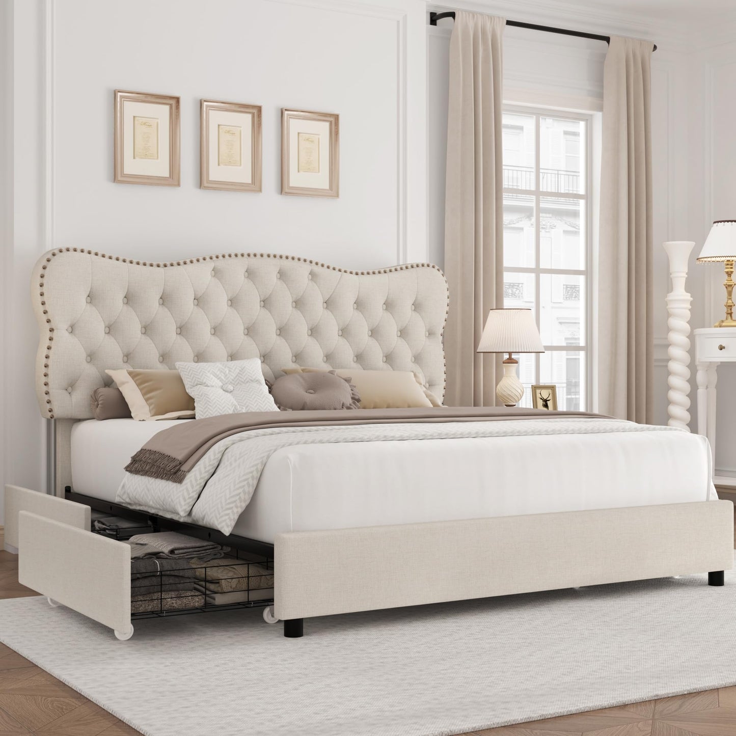 HOSTACK King Bed Frame with 4 Storage Drawers and Upholstered Button Tufted Headboard - Heavy Duty Mattress Foundation in Beige - WoodArtSupply