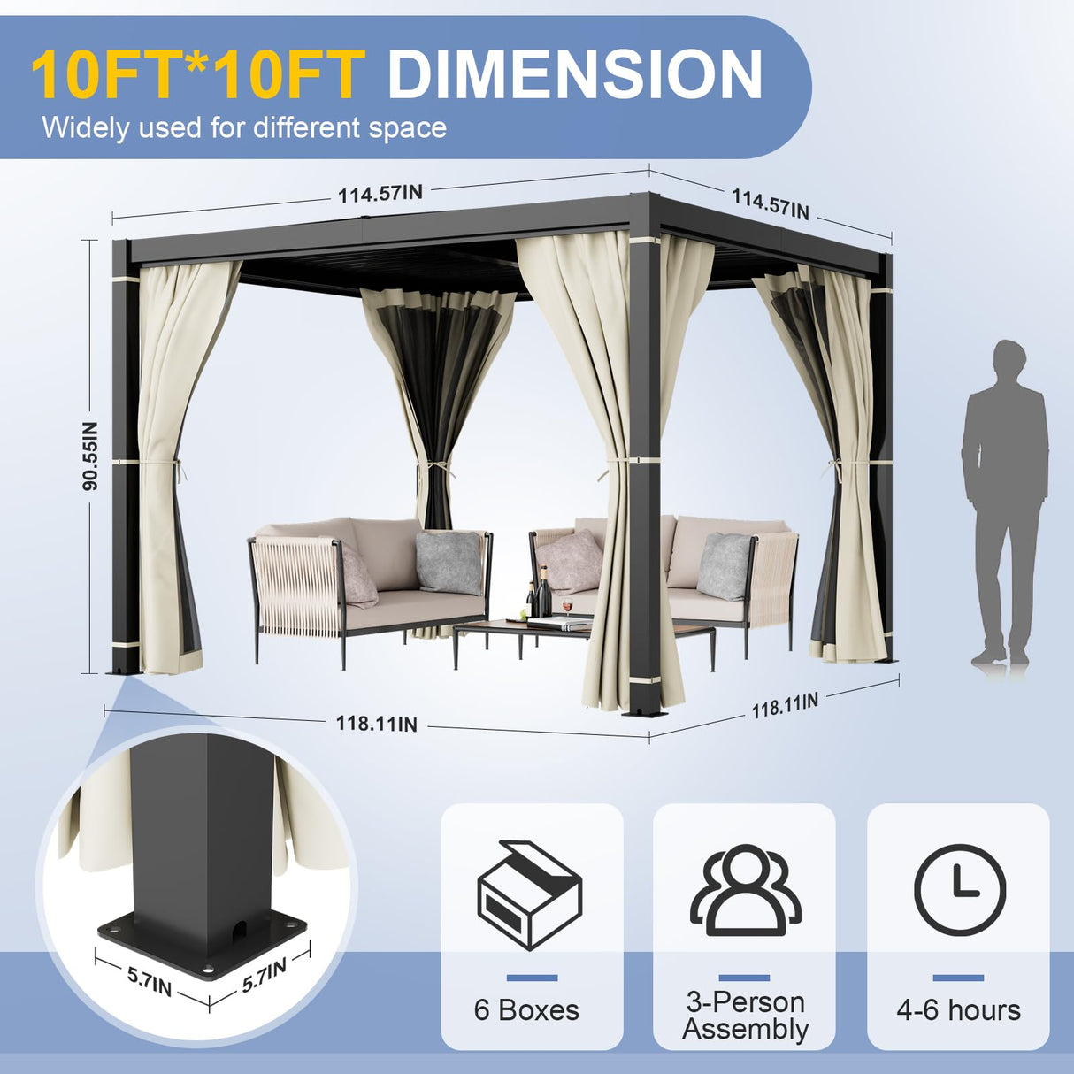 Amopatio 10' X 10' Louvered Pergola, Aluminum Outdoor Pergola with Adjustable Rainproof Roof, Metal Patio Hardtop Gazebo for Backyard, Deck, Garden (Khaki Curtain) Amopatio