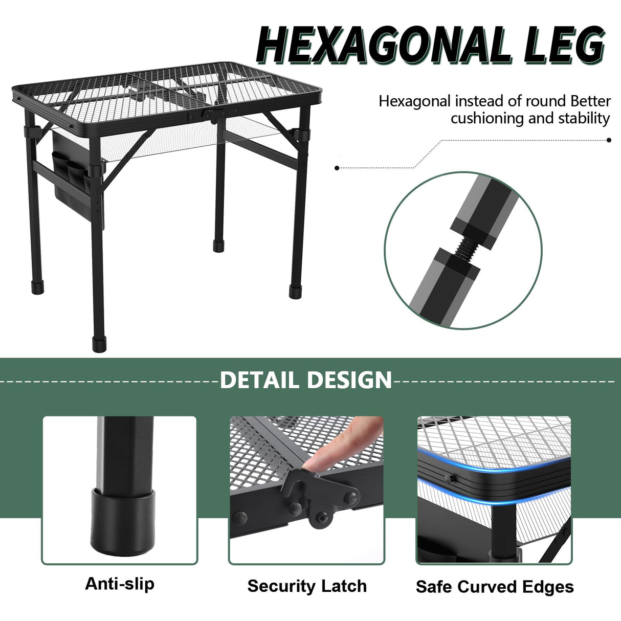 Folding Table, 2x1.3 FT Camping Table with Mesh Desktop,Folding Grill Table with Mesh Bag,Portable Outdoor Table for Picnic,Camping,BBQ,Beach(Black) WildFinder