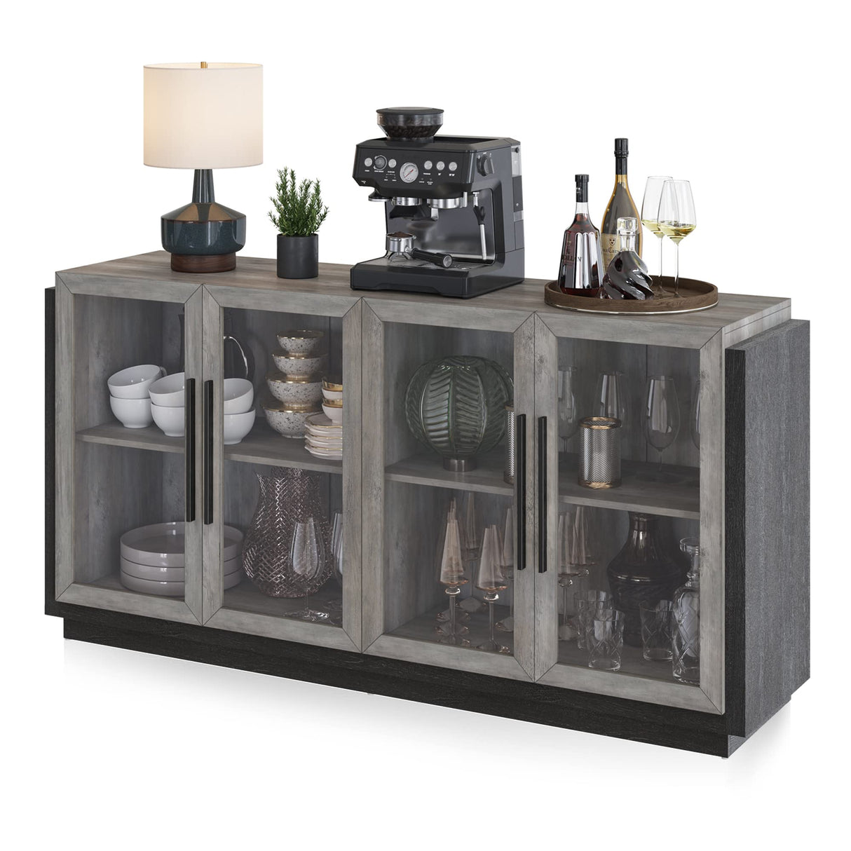 BELLEZE Sideboard Buffet Cabinet, Modern Wood Glass-Buffet-Sideboard with Storage, Console Table for Kitchen, Dining Room, Living Room, Hallway, or Entrance - Brixston (Grey) BELLEZE