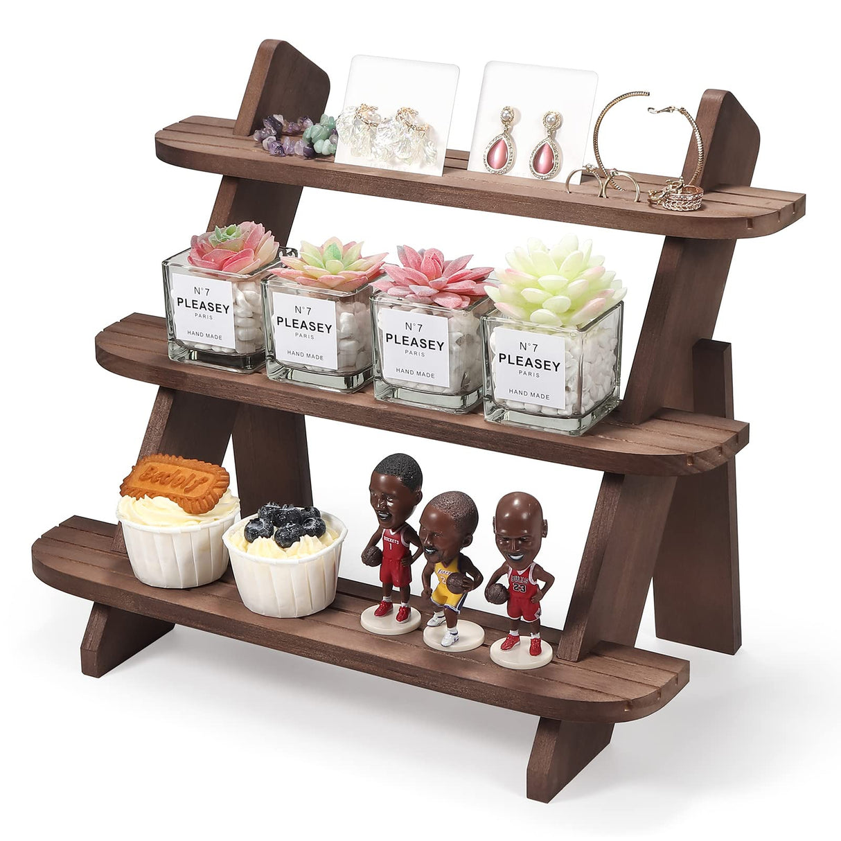 Wooden Display Riser,3 Tier Earring & Ring Holder Stands,Farmhouse Cupcake Stands ,Table Display Stand For Vendors,Organizer Showcase for Tabletop Shows and Home Using ,Wood Rustic Risers (Walnut) WHEARTED