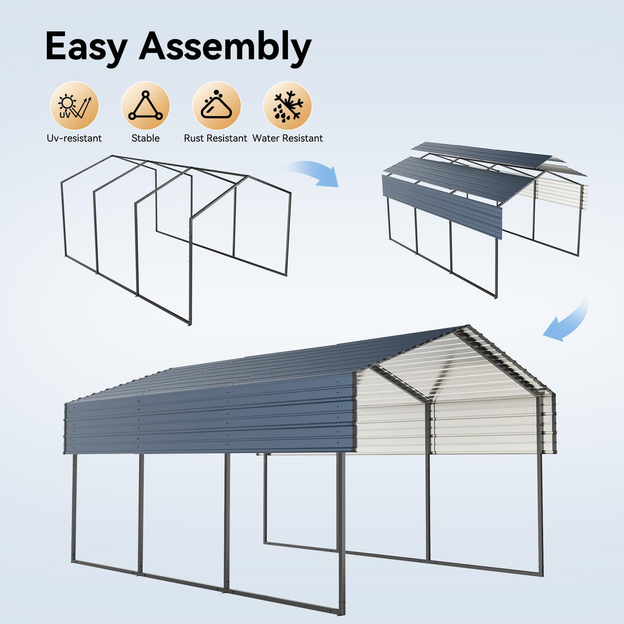 Metal Carport 10'x15'x8.5' Ft Heavy Duty Grey Galvanized Steel Roof Multi-Use Shelter Canopy with Metal Frame, Prefab Carport Garage for Cars, Boats, and Tractors DEYEGELEA