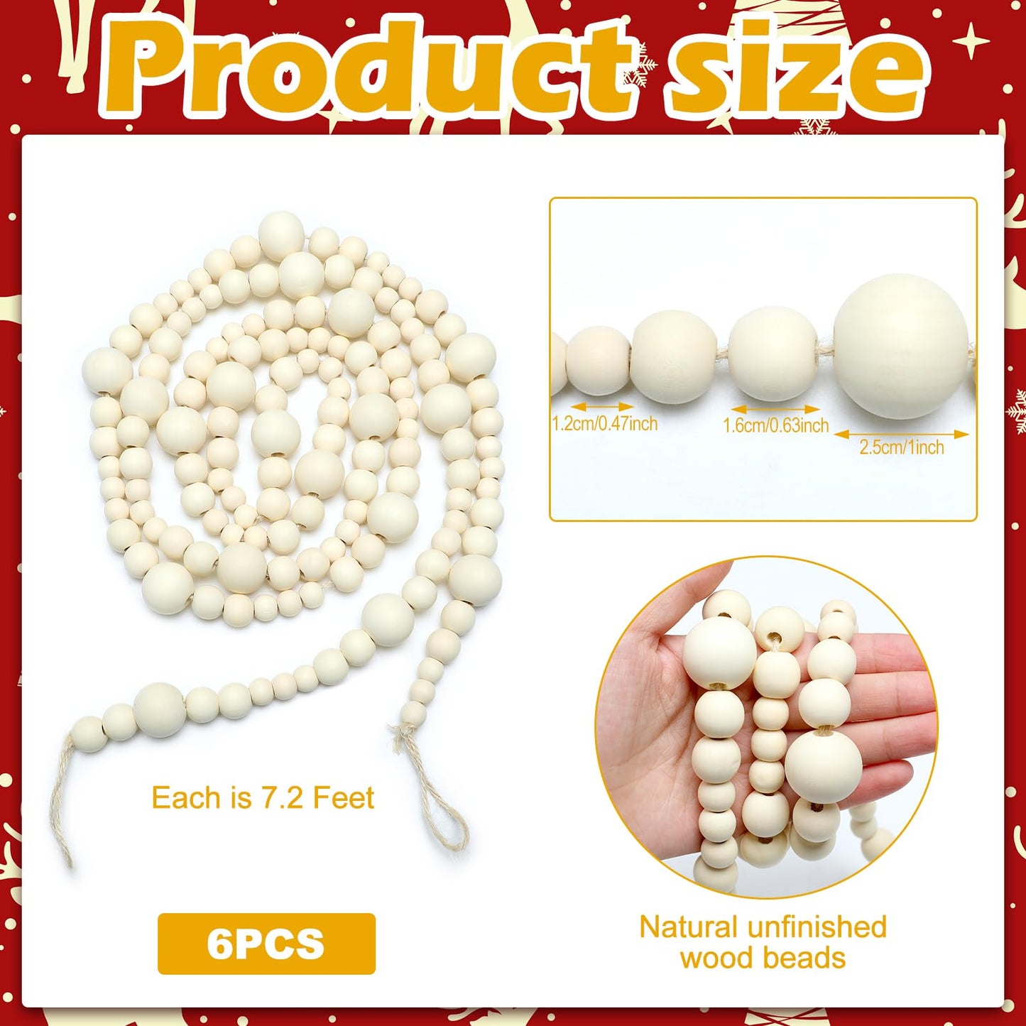 Qunclay 6 Pcs Christmas Wood Beads Garland Natural Wooden Beads Boho Ornaments for Christmas Tree Xmas Garlands Decoration Supplies (43.2ft in Total)