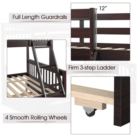 KOMFOTT Wood Twin Over Full Bunk Bed with Trundle, Bed Frame with Solid Pine Wood Frame, Space-Saving Bunk Bed with Ladder & Safety Guardrails, No Box Spring Needed KOMFOTT