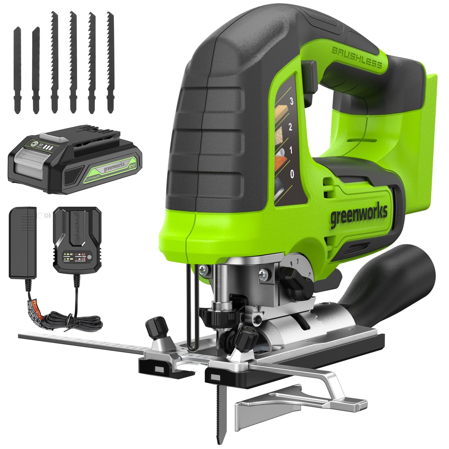 Greenworks 24V Cordless Jig Saw,3000 SPM Brushless 1 Inch Stroke Length Jigsaw with 6PCS Blades,4 Orbital Settings,45 Degree Cutting Angle,Tool-Free Blade Changing - WoodArtSupply