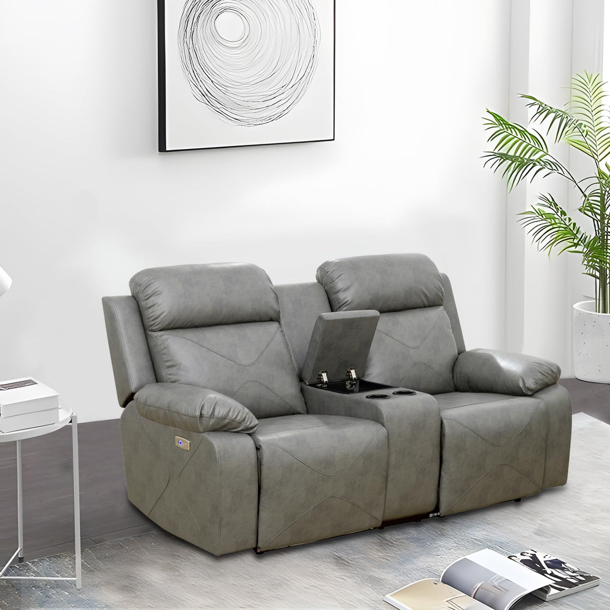 Leather Power Recliner Sofa Set with LED, Reclining Living Room Set, Power Recliner Couch and Loveseat with USB Port/Cup Holder/Storage (Leather Sofa and Loveseat, Light Grey) Plithzy