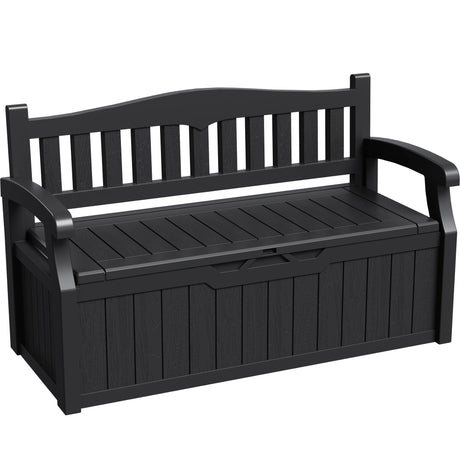 Greesum 80 Gallon Storage Bench Outdoor Deck Box with Armrest, Patio Furniture,Lockable, Waterproof and UV Resistant, Suitable for Garden, Pool, Black Greesum