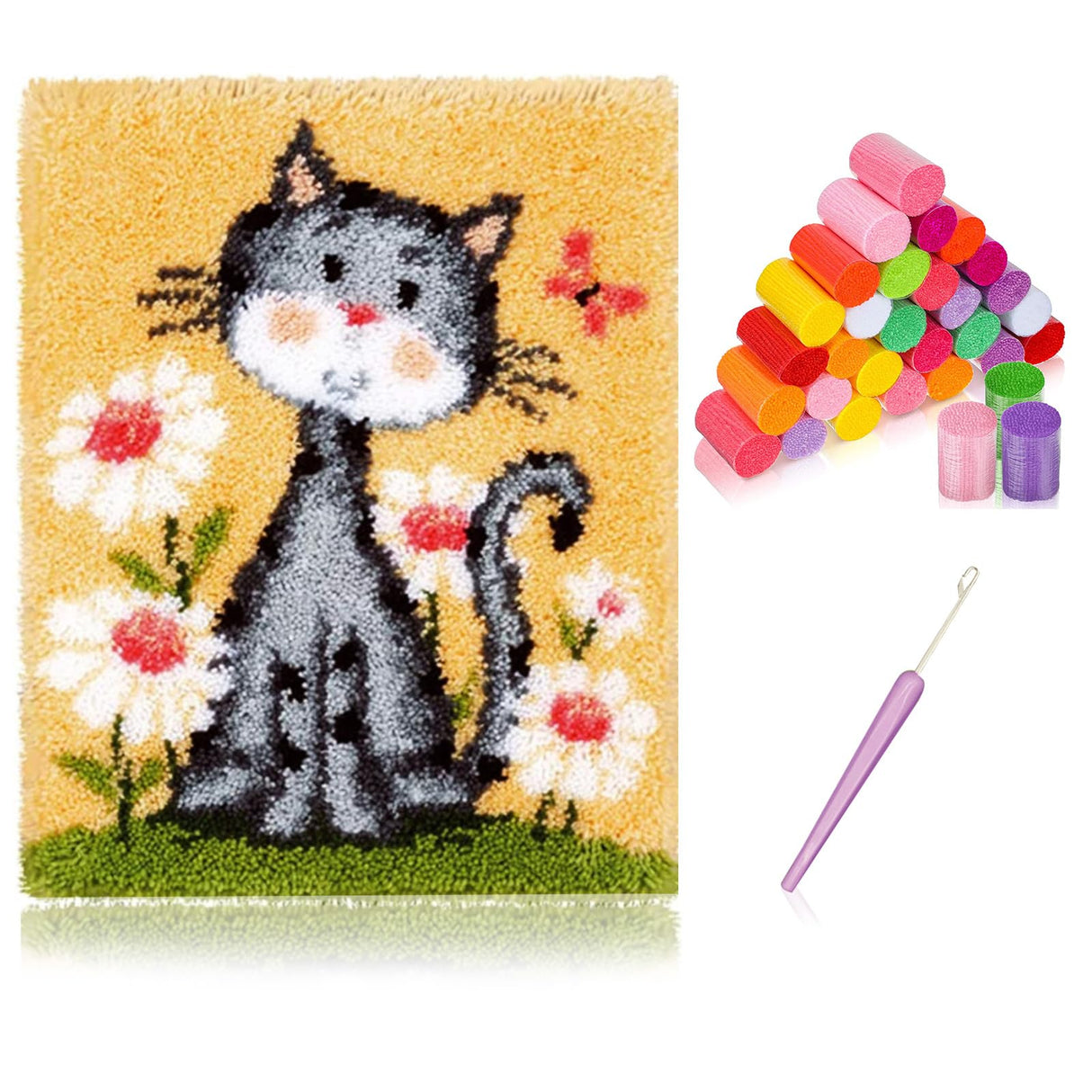 kingsea Latch Hook Kit for Adults, DIY Crochet Yarn Rug with Pattern Printed Latch Hook Rug Kit for Teen, Latch Hook Kit for Beginners - Cat and Flower, 20in x 15in kingsea