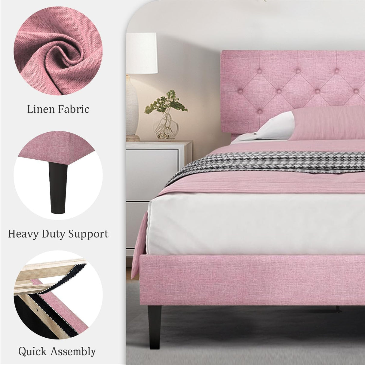 HOMBCK King Size Bed Frame and Headboard, Upholstered Bed Frame King Linen Fabric with Wood Slats, Button Tufted, No Box Spring Needed, Pink HOMBCK