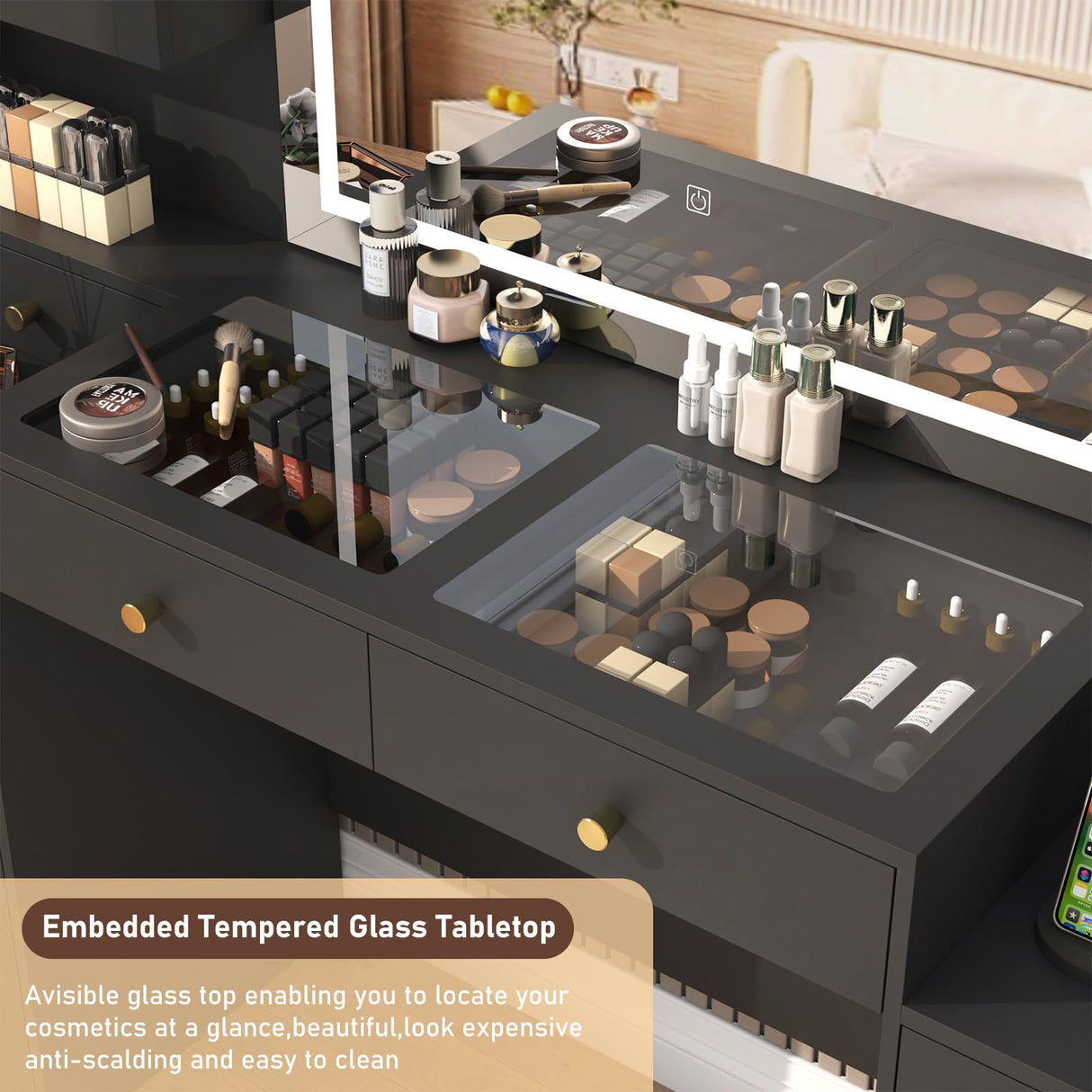 62" Large Black Vanitys Desk w/ Tempered Glass Top,60000-color LED Lights,Power Outlet, Make up Vanity w/ 3 Lights Mode LED Mirror,9 Drawers,2 RGB Cabinet LED Vanity Table for Women,Girls chartustriable