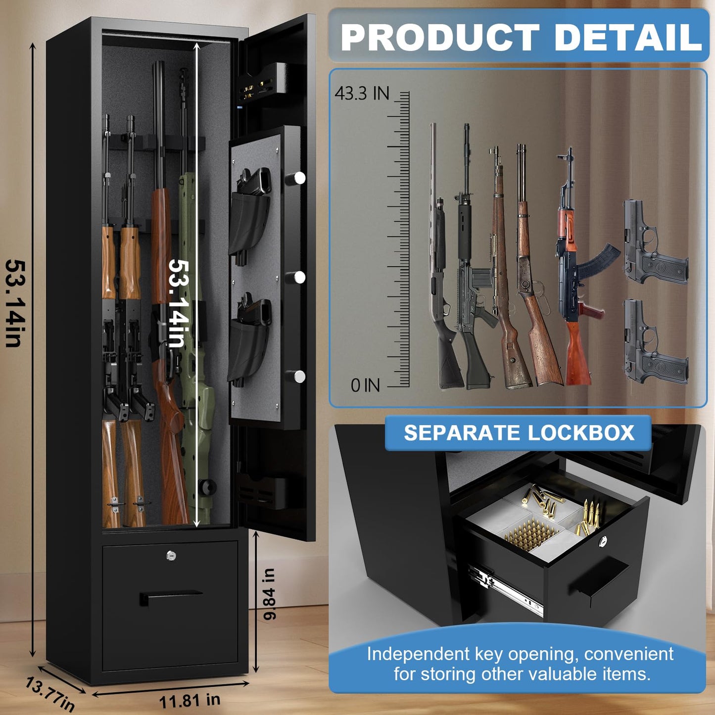 Marcree Gun Safe with Drawer, Rifle Safes for Home, Rifle Cabinet with Alarm System,Metal Gun Cabinets for Rifles and Pistols, Long Gun Safe with Two Movable Gun Racks, Digital Lock