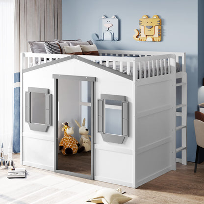 Stylish White and Gray Full Size House Loft Bed for Kids with Playhouse Design and Safety Features - WoodArtSupply