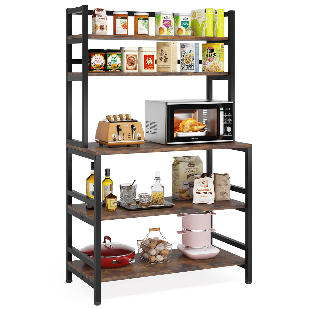 Tribesigns 5-Tier Kitchen Bakers Rack with Hutch, Industrial Microwave Oven Stand, Free Standing Kitchen Utility Cart Storage Shelf Organizer (Rustic Brown) Tribesigns
